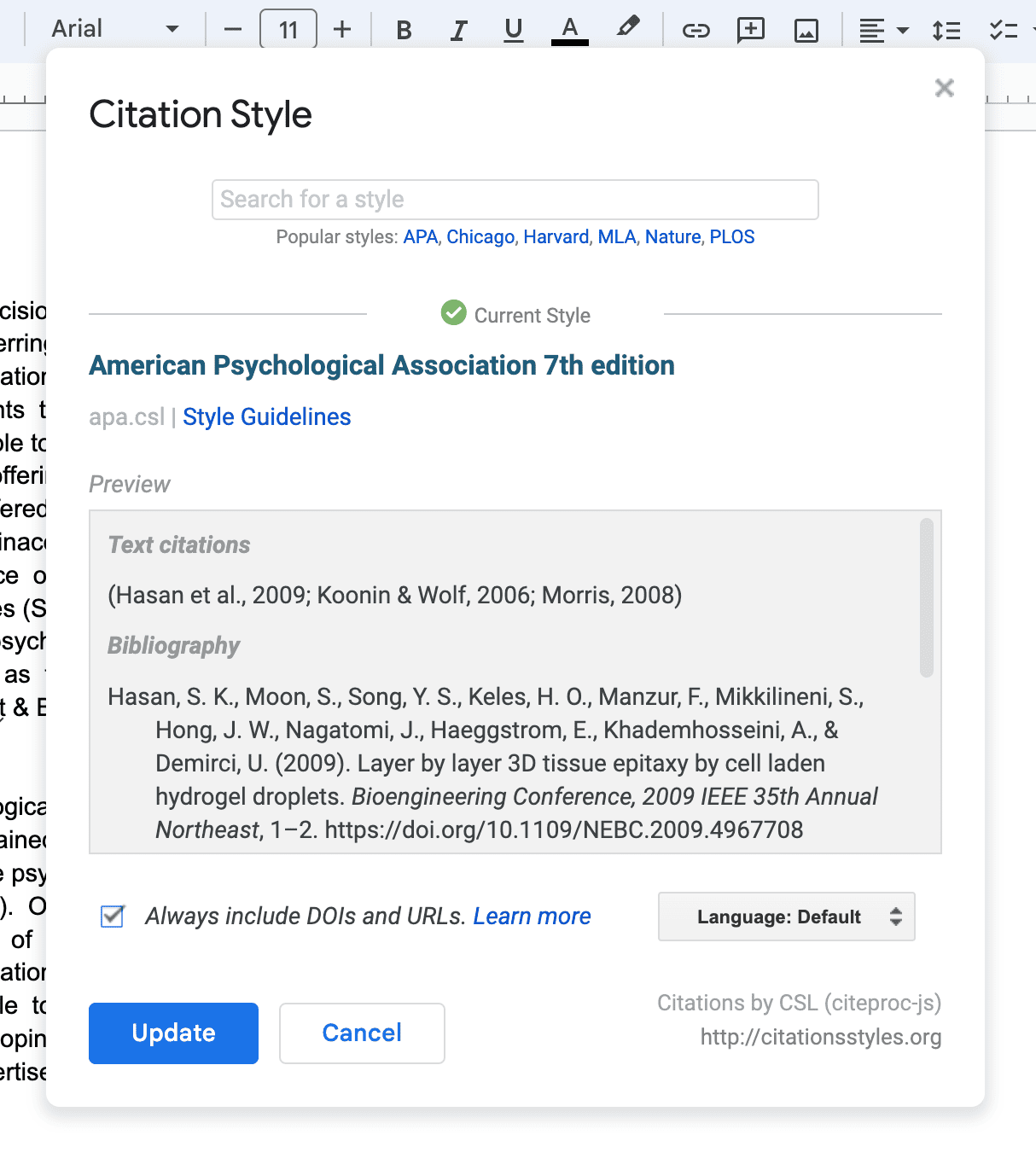 The Citation Style dialog in Google Docs with a style search box, popular styles, the current style set to American Psychological Association 7th edition, a preview of text citations and bibliography, and an “Always include DOIs and URLs” checkbox.